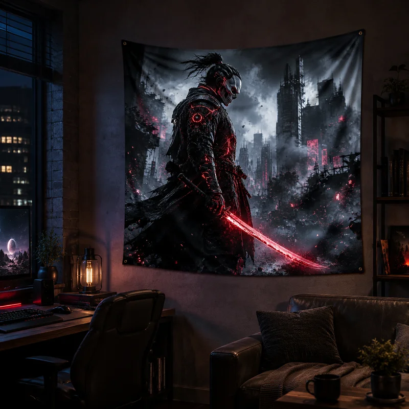 Tapisserie VIKAMA Cyberpunk Samurai, décoration murale à thème sombre pour salons et chambres, tapisserie de décoration intérieure