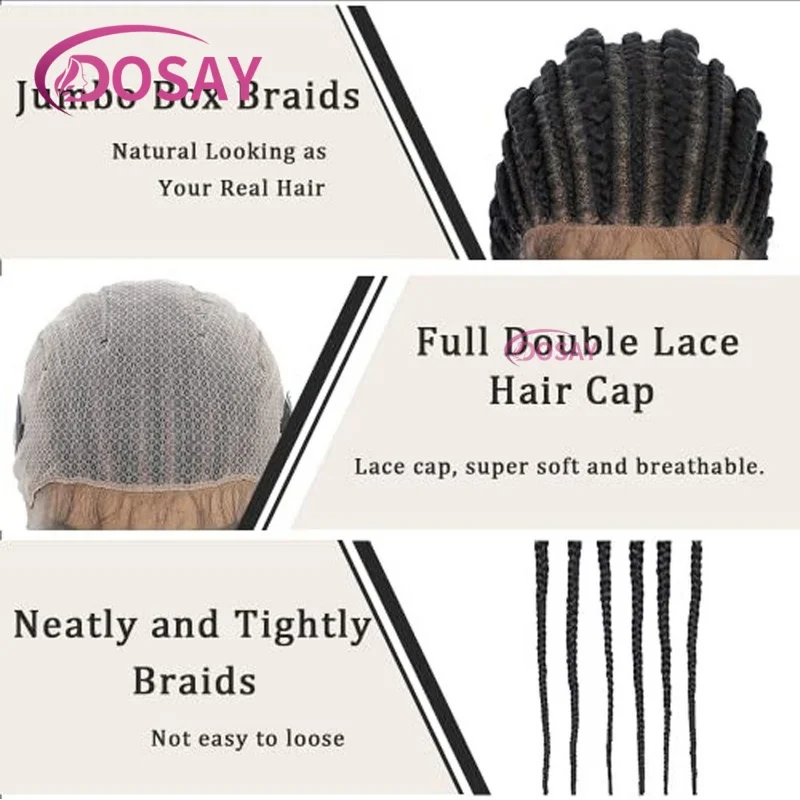 36 "Wig Renda Kepang Cornrow Wig Kepang Depan Renda Sintetis untuk Wanita Kulit Hitam Wig Kepang Kotak Tanpa Simpul Rambut Afrika Kepang