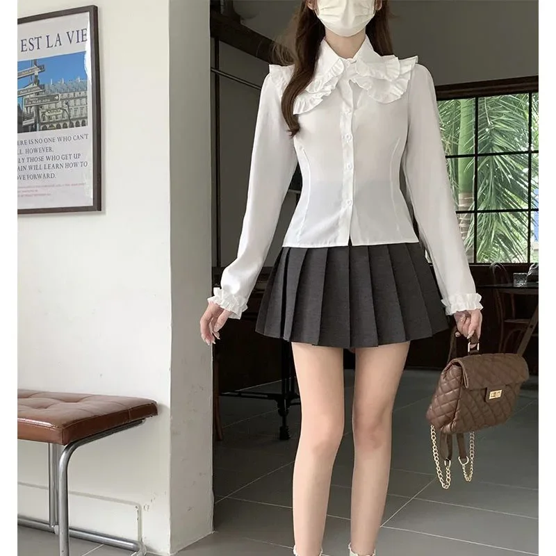 Korean Minimalist Spring Autumn New Women's Spliced Ruffles Polo-Neck Button Stylish Loose Preppy Style Long Sleeve Shirt Blouse