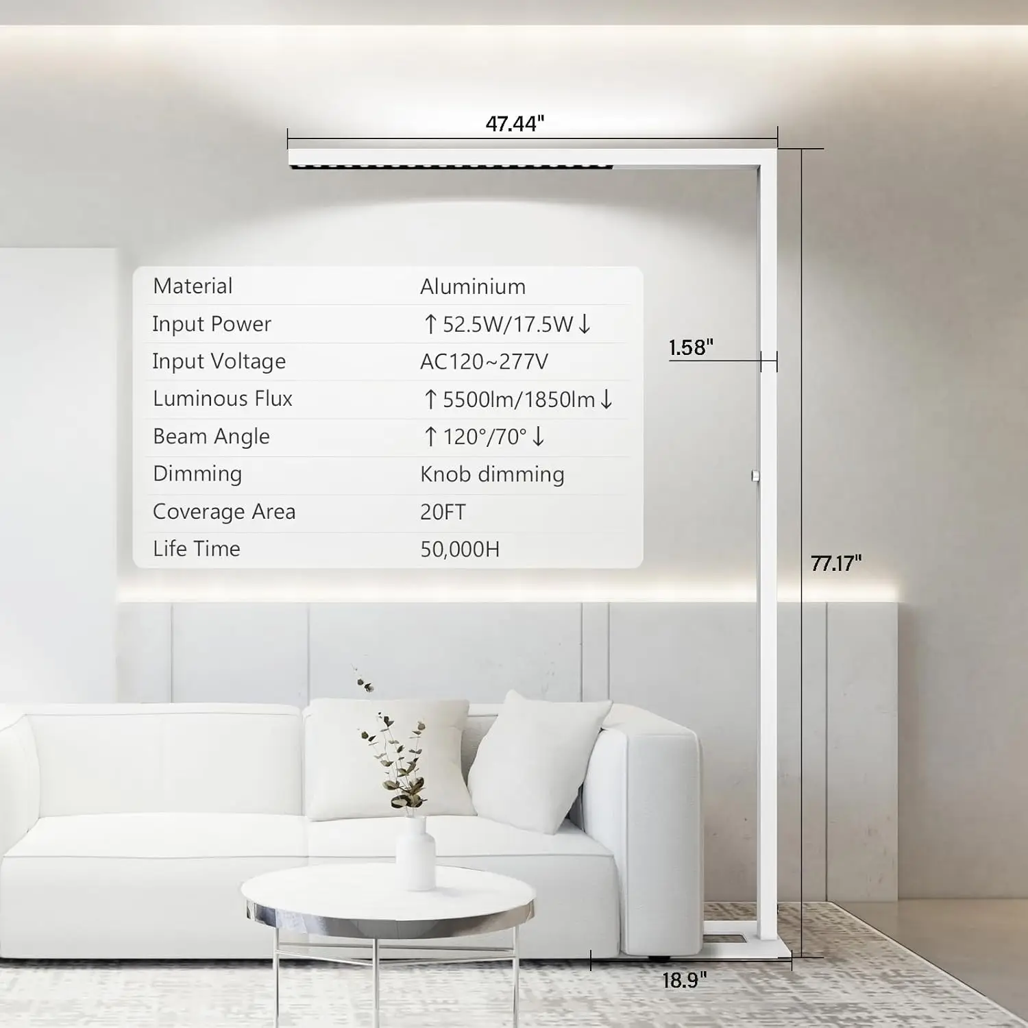 Luminária de Chão LED Regulável de 77 polegadas, Luz de Pé de 7350LM para Escritório e Sala de Estar - Branca