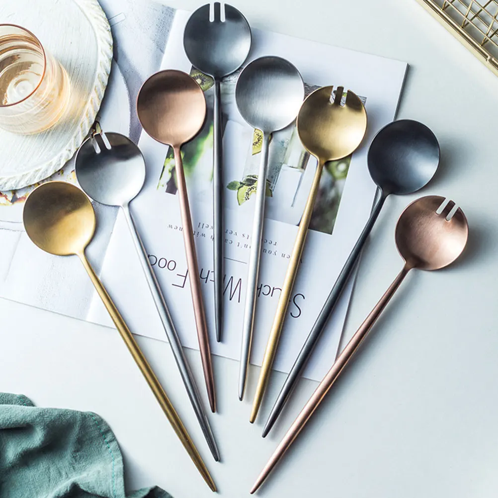 

Salad Spoon Fork 304 Stainless Steel Golden Mixing Dessert Reusable Party Supply Wear Resistant Practical Kitchen Bar