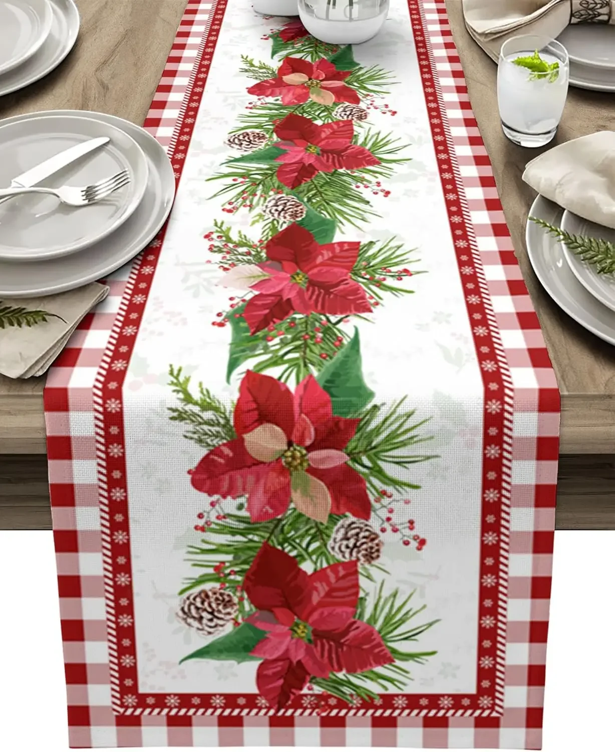 Christmas Poinsettia Pine Cones Berry Linen Table Runners Party Decor Washable Kitchen Dining Table Runners Christmas Decoration
