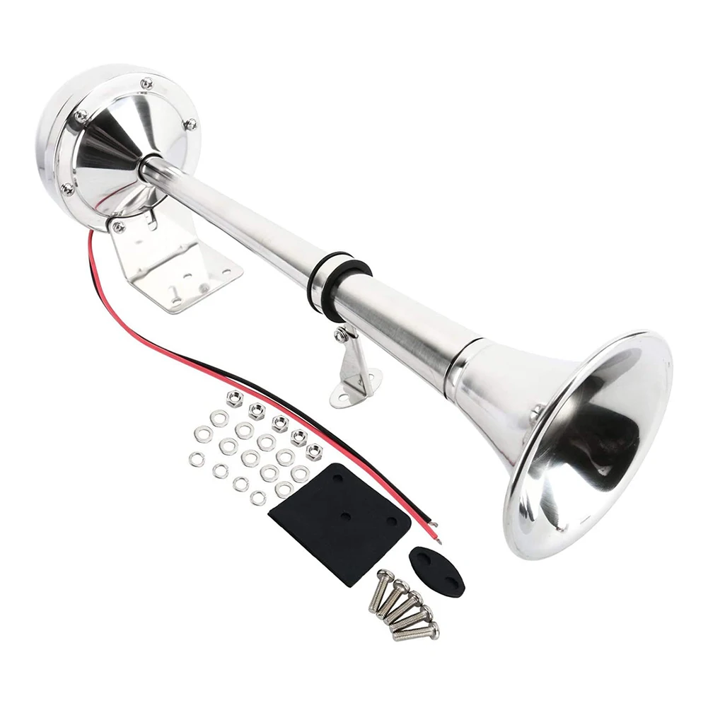 12V Single Trumpet Horn Mounting Kit Polished Stainless Steel Low Tone Car Trumpet Air Horn for Marine Boat Truck Lorry Caravan