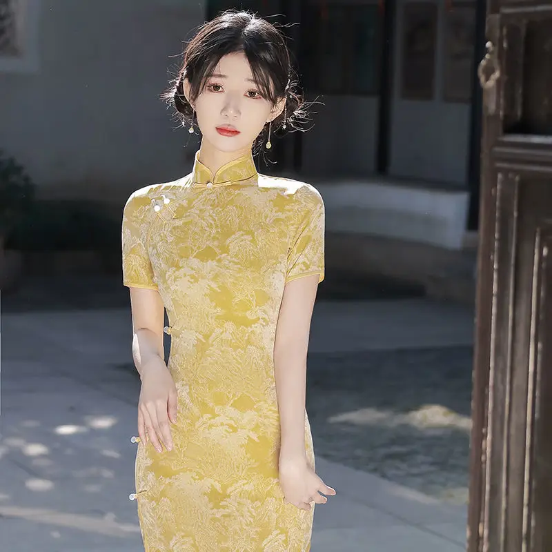 Mandarin Collar Short Sleeve Yellow Elegant Lady Cheongsam Chinese Style Summer Blossom Print Qipao Daily Wedding