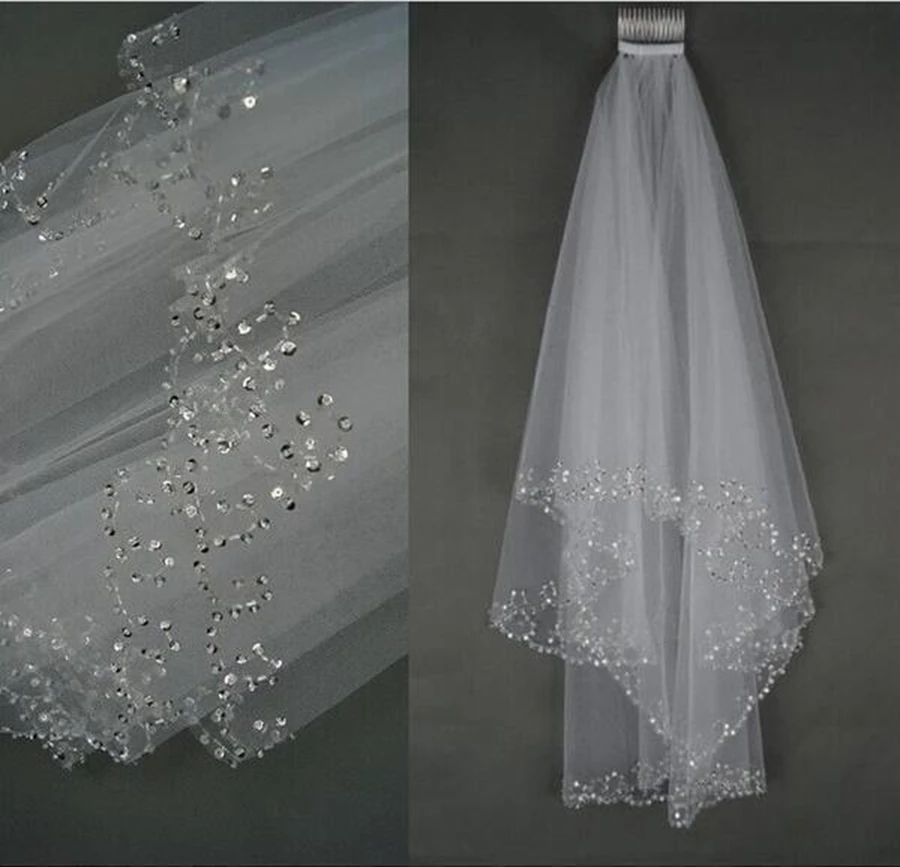 

New Arrival White Ivory Woman Bridal Veils 2 Layers Beaded Edge With Comb Wedding Accessories