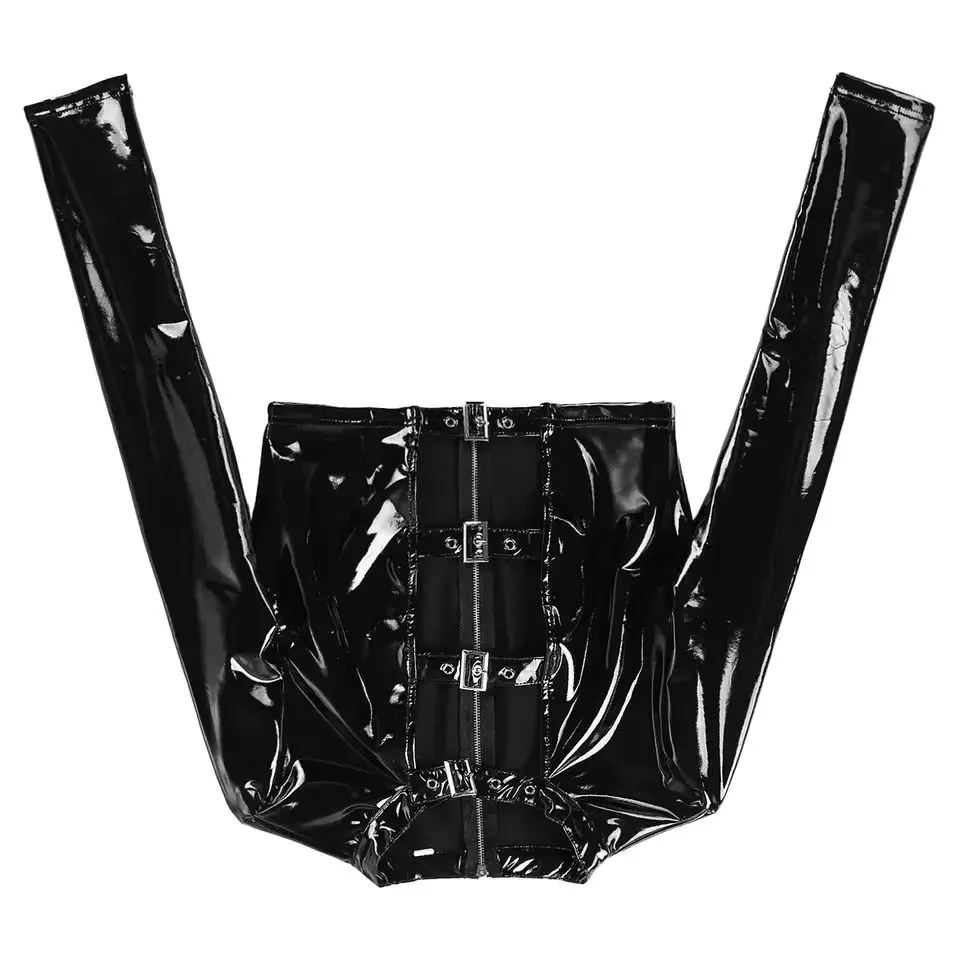 Wet Look PVC Long Sleeve Tee Shirt Hollow Out See Through Hot Sexy Tops Busty Exposed Breast Minicoat Shiny PU Leather Cropto