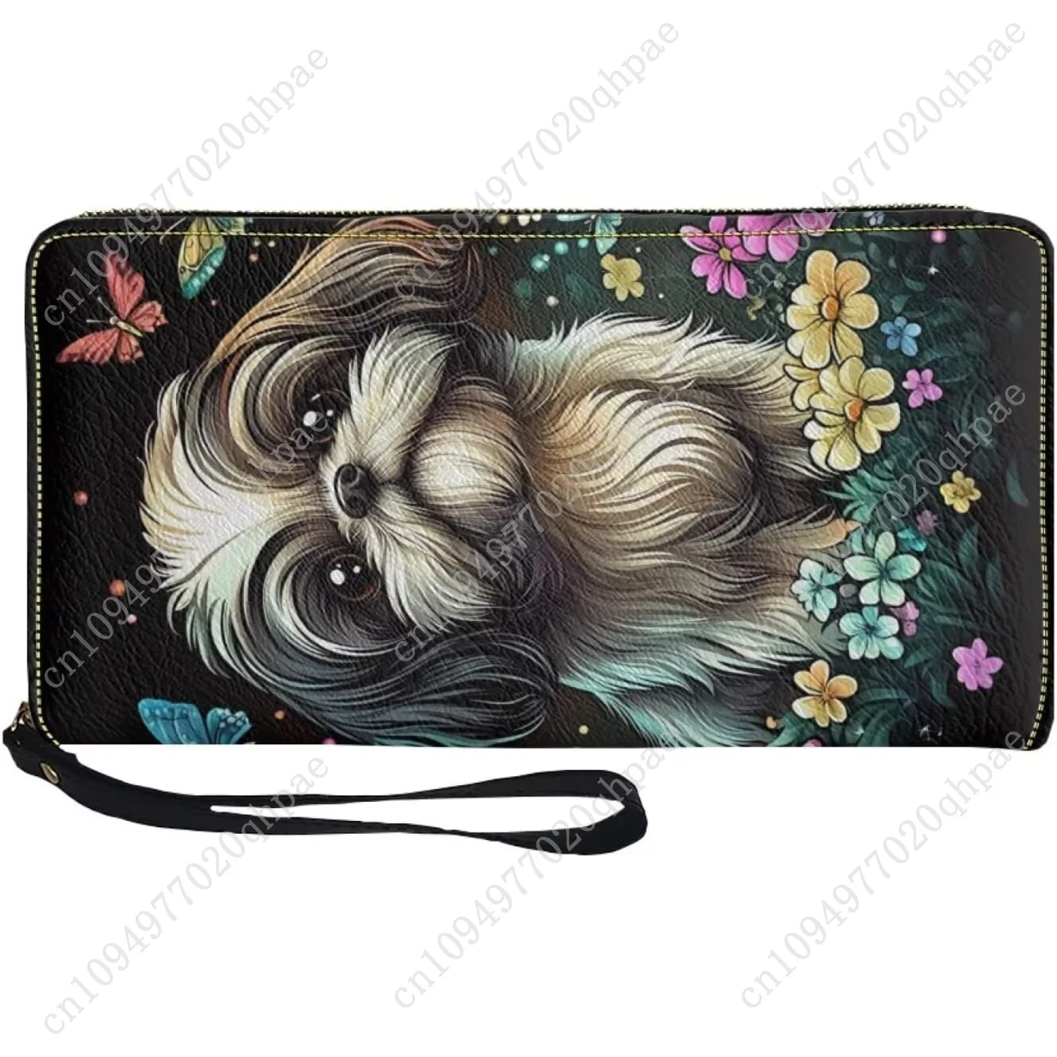 محافظ شيه تزو اللطيفة على شكل زهور للنساء من جلد البولي يوريثان وحامل بطاقات وسحاب ومنظم قابض طويل مع حزام معصم