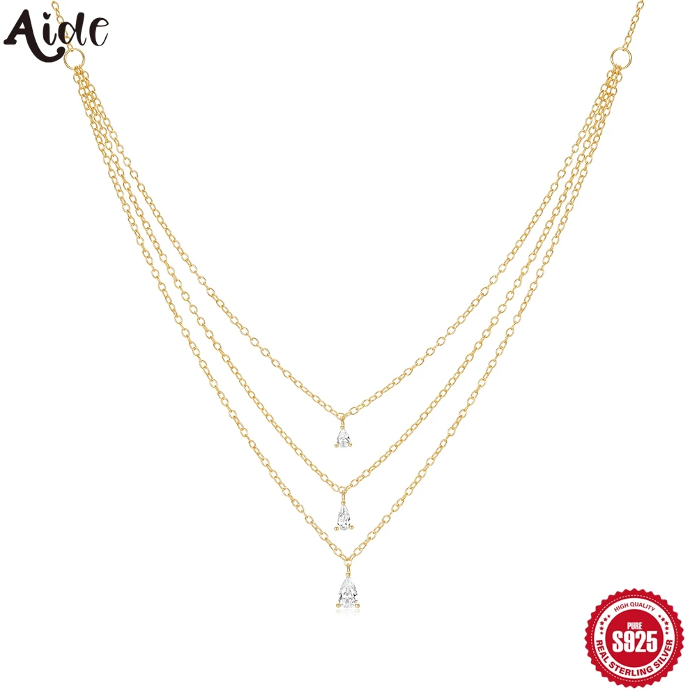 Aide Boho Multi-layer Crystal Pendant Necklace For Women 925 Silver Vintage Water-drop CZ Multi-element Choker Necklace Jewelry