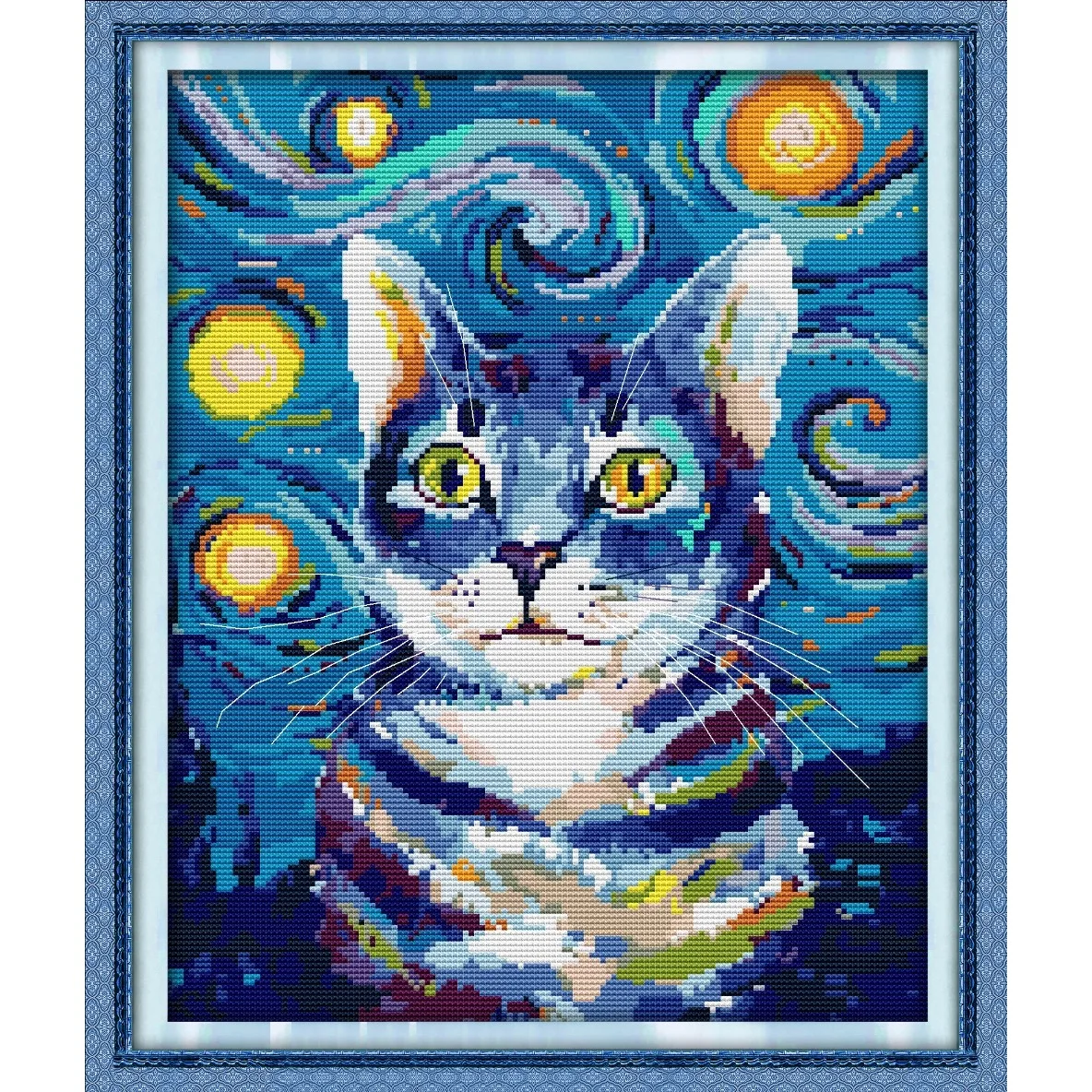 

Joy Sunday Pre-printed Cross Stitch Kit Easy Pattern Aida Stamped Fabric Embroidery Set-Cat Under The Starry Sky