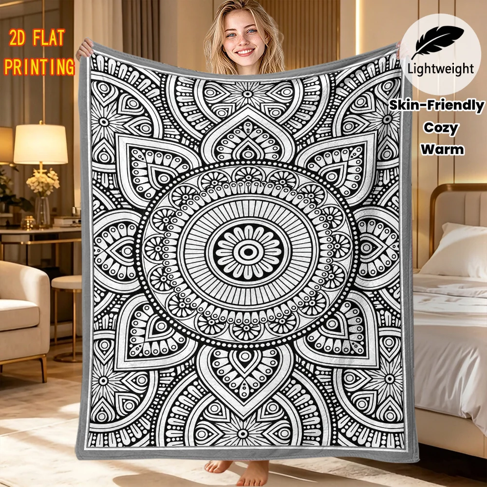 Ethnic Mandala Throw Blanket Symmetric Mandala Doodle Line Print Soft Flannel for Kids Room Sofa Lap DIY Craft Theme Decor Gift
