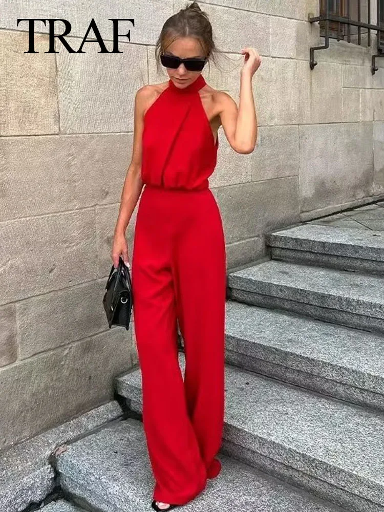 TRAF Women New Fashion Casual Red High Waist Wide Leg Jumpsuit  Elegant Hanging Neck Sleeveless Slim Holiday Playsuit Mujer