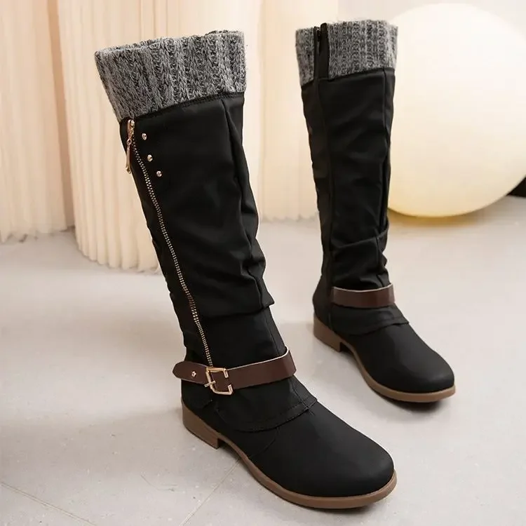 Shoes for Women Autumn Winter Women Boots Leather Plus Size Side Zipper Knee High Boots Low Heel Knight Botas Zapatos De Mujer