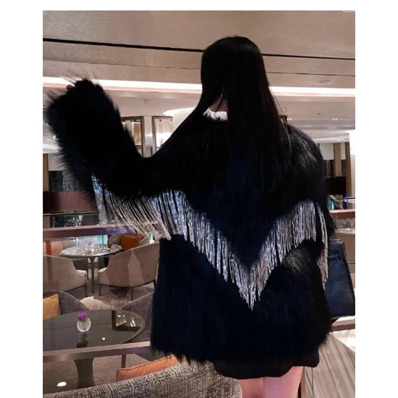 YOLANFAIRY 가을 겨울 수입 여우털 코트 여성 순색 두꺼운 브이넥 짜임 프린지 퍼 코트 2025