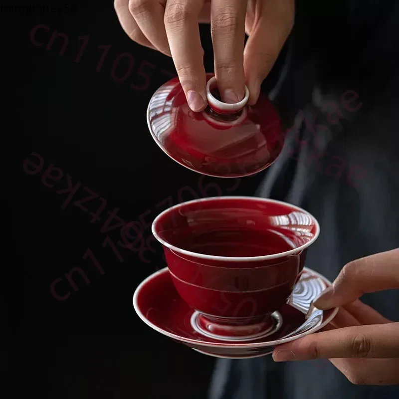 Lang Hong Red Ceramic Gaiwan For Tea Traditional Tureen Teaware Set Chinese
