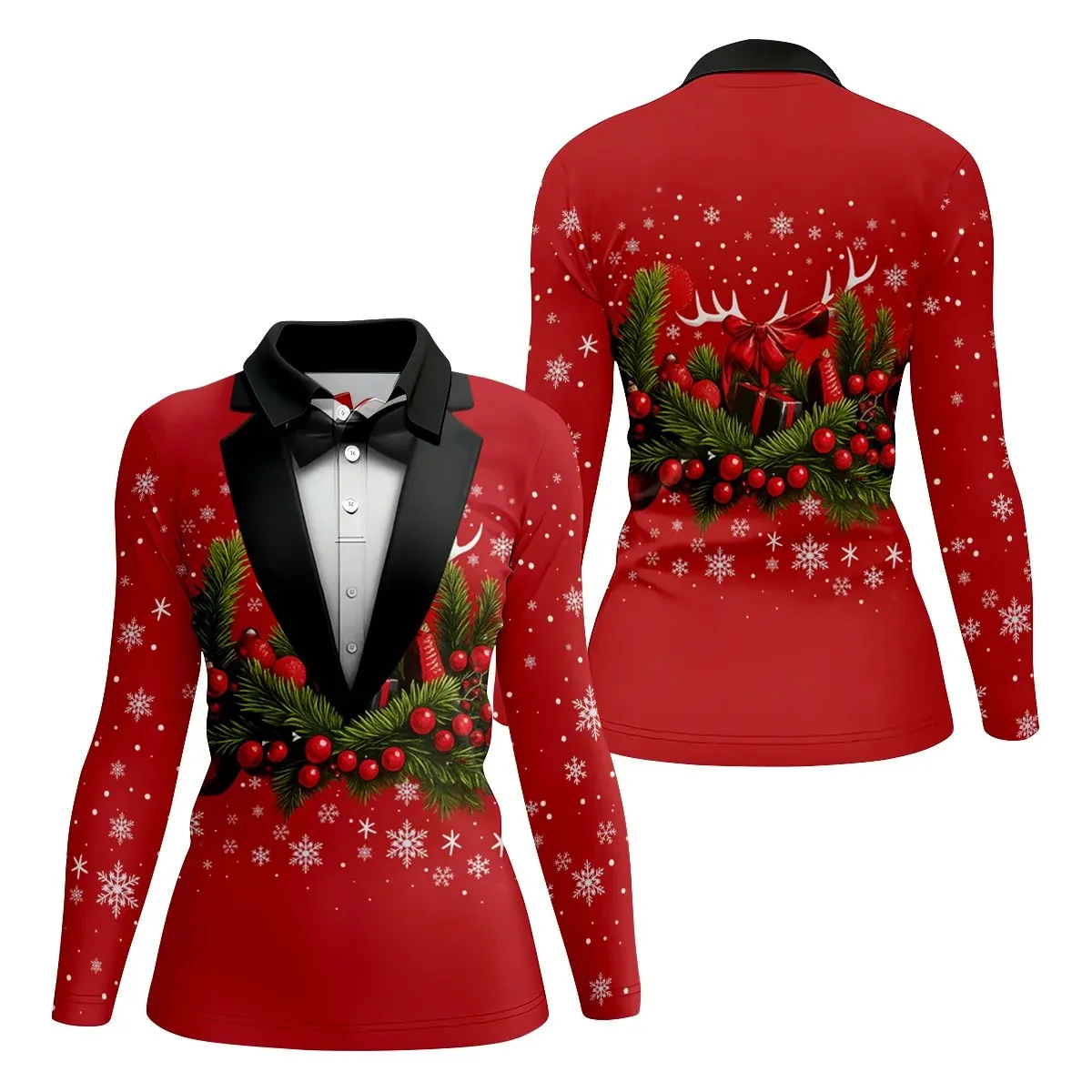 Women's Santa Claus Golf Shirt Long Sleeve Christmas Pattern Casual T-Shirt Holiday Fashion Top Winter Holiday Streetwear