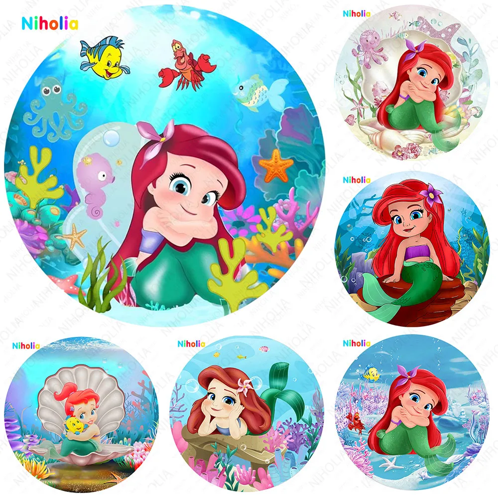 The Little Mermaid Round Backdrop Princess Cover Girl 1st Birthday Party Decoration Photo Studio Circle Background Baby Shower