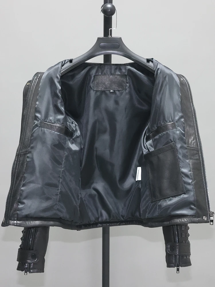 カジュアルパンクスタイルレザージャケット レディース スリムフィット スタンドカラー リベット装飾 ユース バイクジャケット ソフトゴートスキン