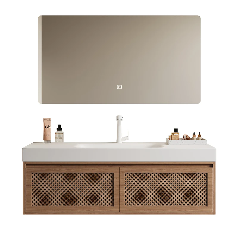 

Rattan bathroom cabinet combination Corian integrated basin oak skin feeling wash face wash hands custom skin feeling wash table
