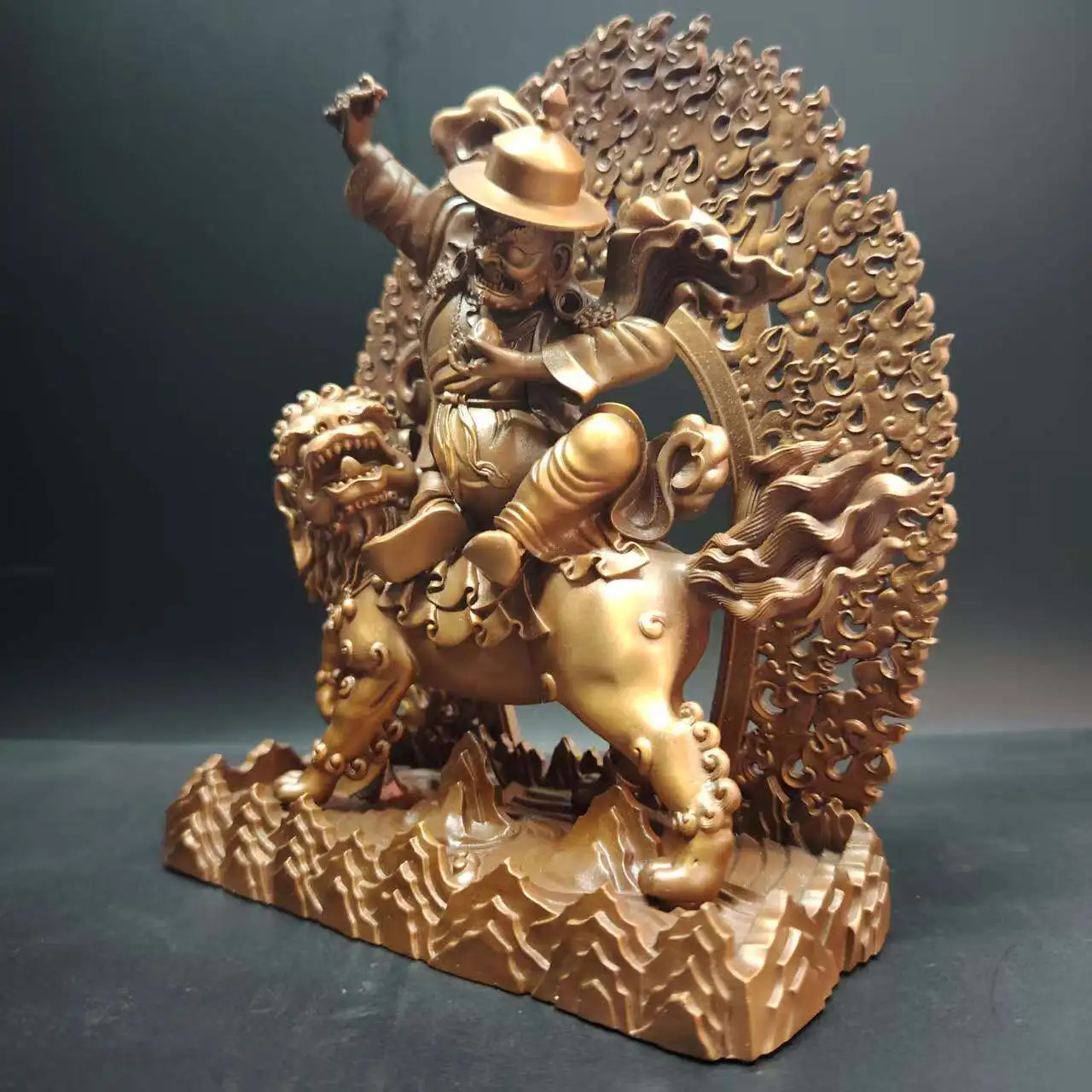 Tibetan Pure Antique Copper Damchen Protector Statue 15cm Desktop Car Portable Altar Blessing