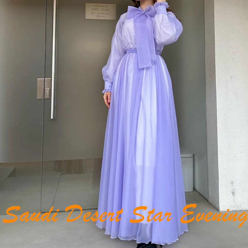 A-Line O-neck Puff Long Sleeves Organza Photo Color Graceful and Exquisite Evening Dresses Bow Belt Pleats Saudi Arabia 2024