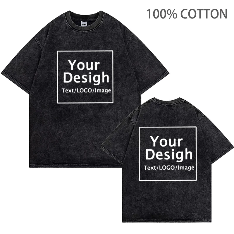 Custom Your LOGO Hip Hop Streetwear Men Summer 100% Cotton T-shirts Oversized DIY Personalized Retro Washed Short Sleeves Tops