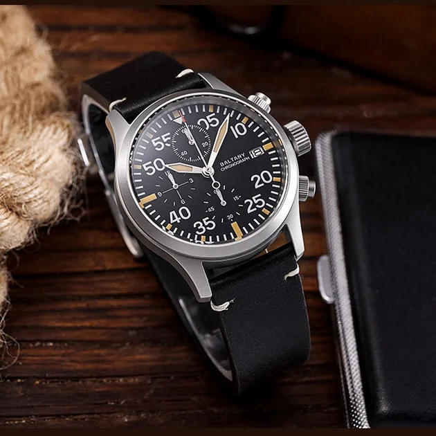 Baltany Herren-Chronographenuhr Pilot 39 mm Quarz-Armbanduhr Saphirspiegel 10 ATM wasserdicht BGW-9 leuchtend VK67