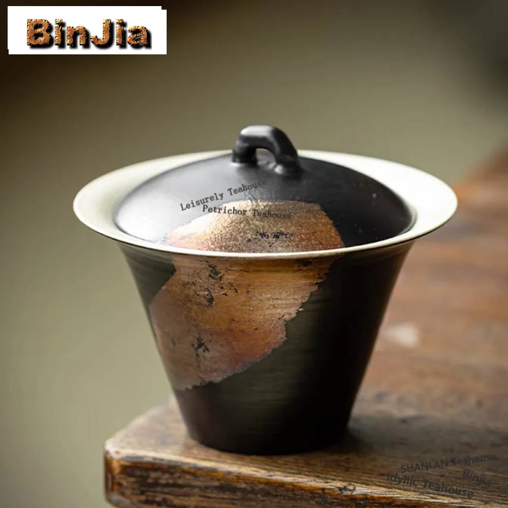 

140ml Handmade Burnt Silver Foil Gaiwan Zen Wind Black Gilded Horseshoe Tea Tureen Japanese Tea Maker Cover Bowl Tea Services
