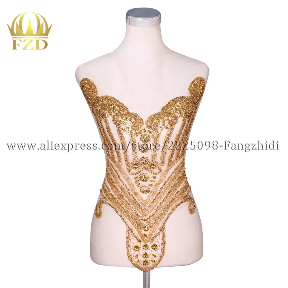 

FZD 1 PC Handmade Sew On rhinestone Temple beaded patches Applique Bodices Patches for Wedding Ball Gown Dress DIY Fabric