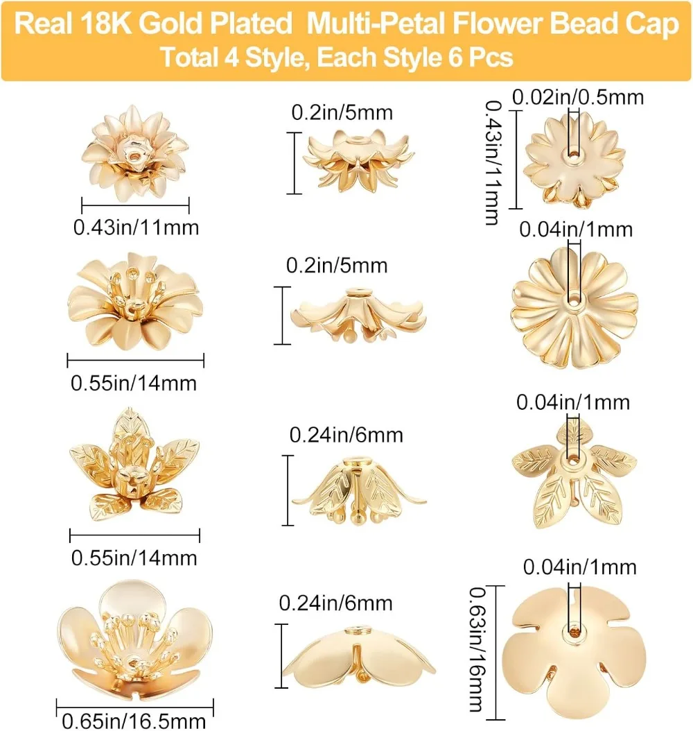 24Pcs/Box 4 Style Bead Caps 18K Gold Plated Brass Flower Beads Caps for Bracelet Necklace Earrings Jewelry Making Supplies