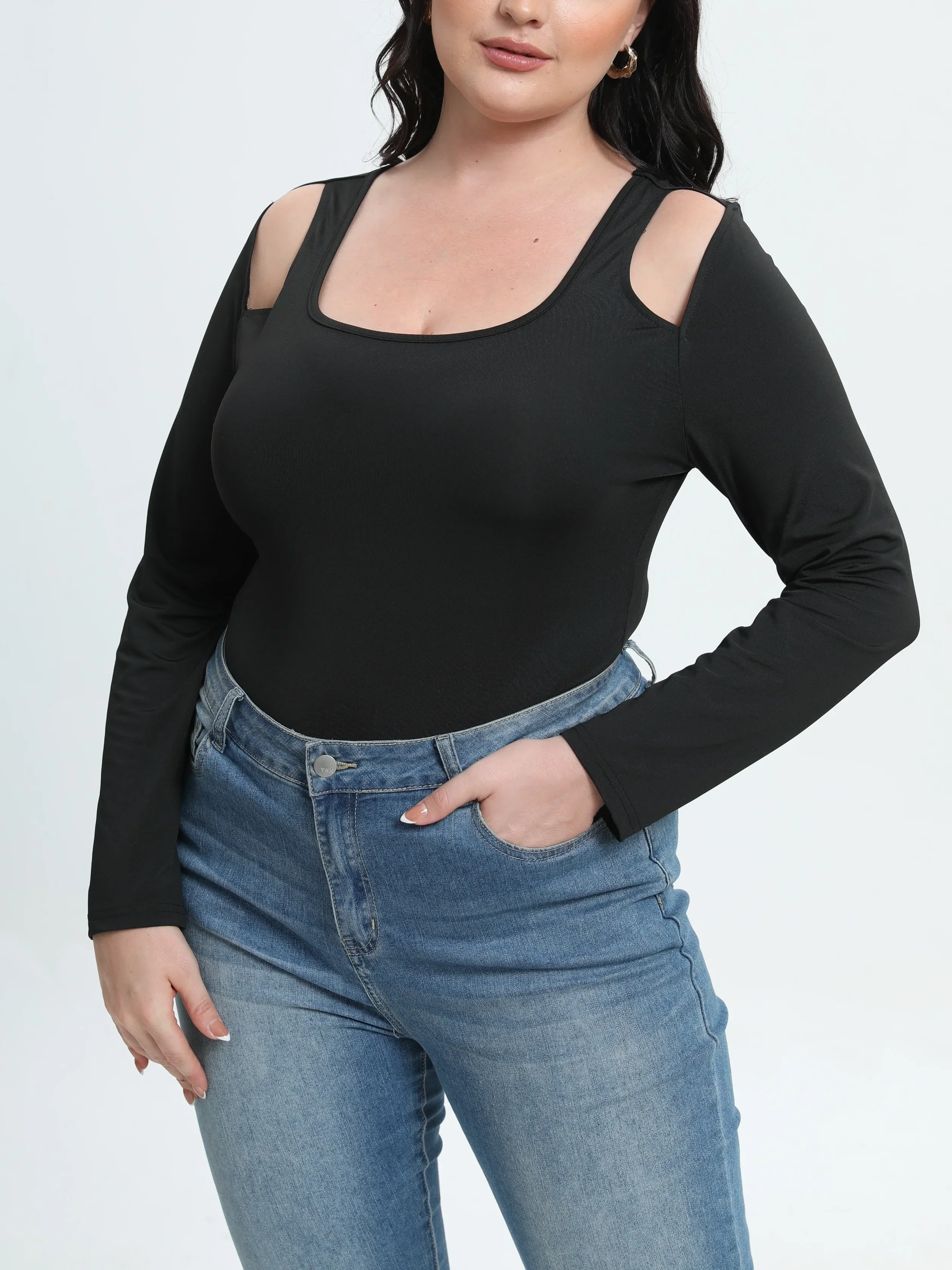 Plus Size Damskie body casualowe w jednolitym kolorze z wycięciem z długim rękawem i wykończeniem Skinny Bodysuit Ladies Slim Fit Blouse Top 2024