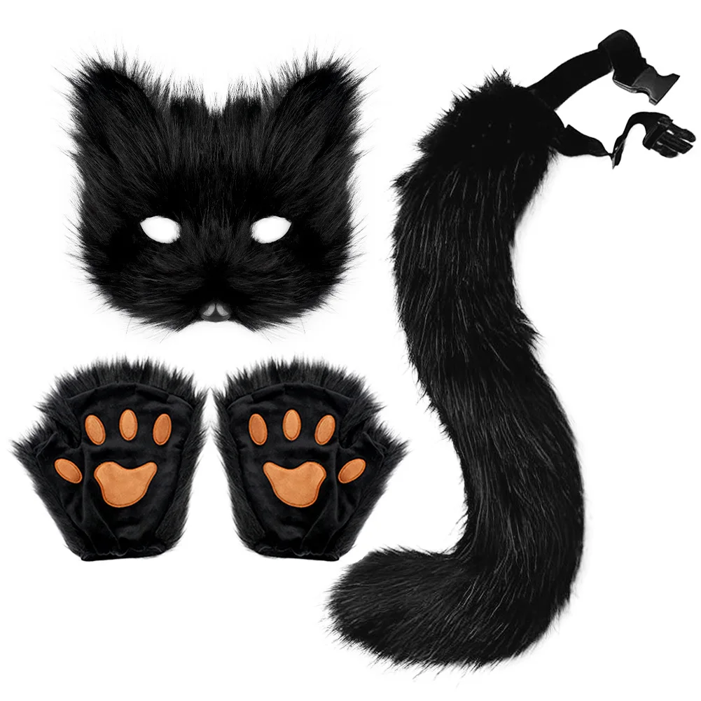 Furry Fox Mask Wolf Fox Tail and Paw Gloves Set Adult Cat Halloween Mask Cosplay Animal Party Christmas Costume ﻿