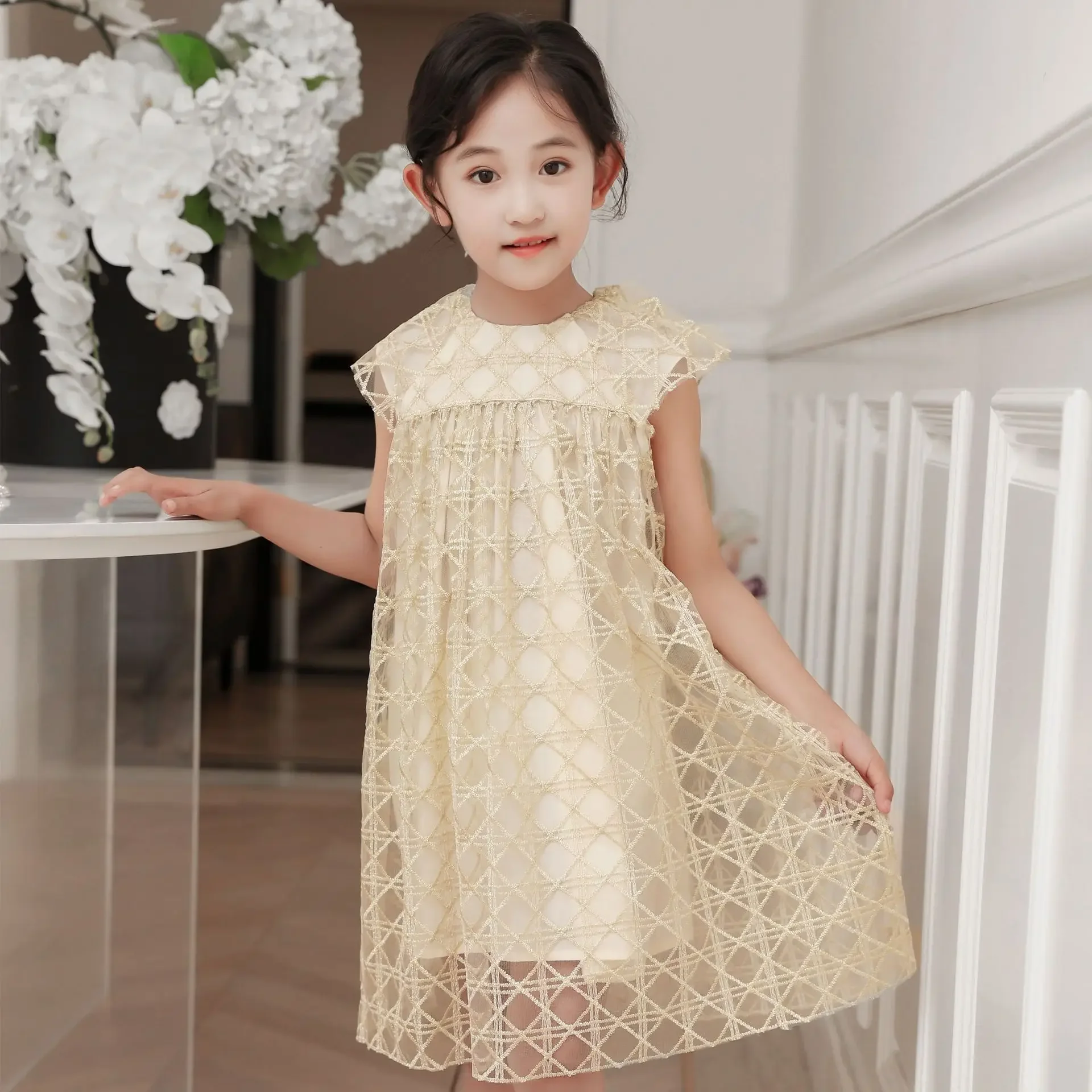 2024 Summer New Girl's Lingge Mesh Gold Thread Embroidered Flying Sleeves Big Kids Dress Princess Dress Fashion Girls Clothes