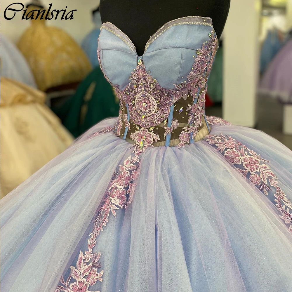 Vestidos Quinceanera de cristal sem mangas, vestido de baile, apliques rosa ilusório, espartilho de renda azul claro, 15 anos