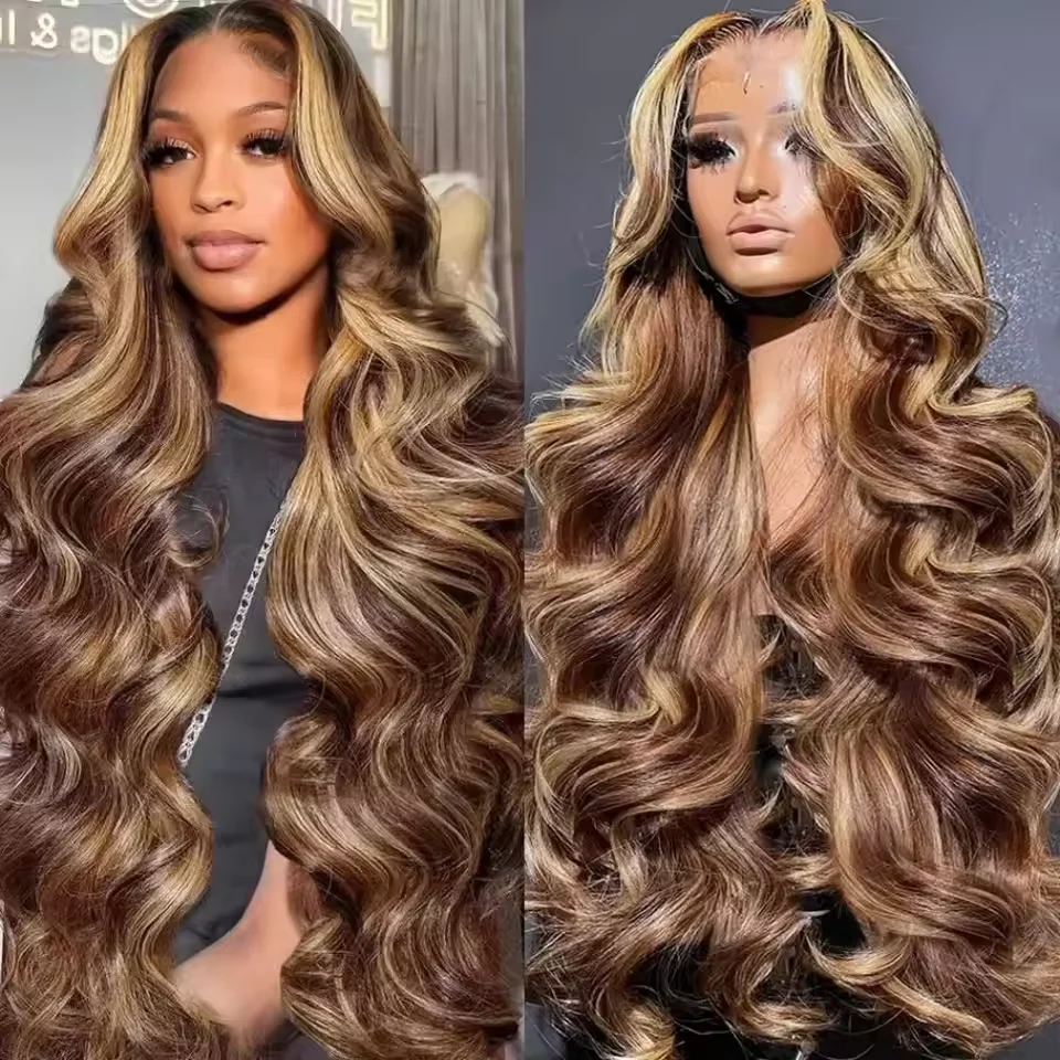 52 long inches 13x6 HD Front Wigs Transparent Lace wigs P4/27 highlight body wave human hair 200 Density Brazilian human hair