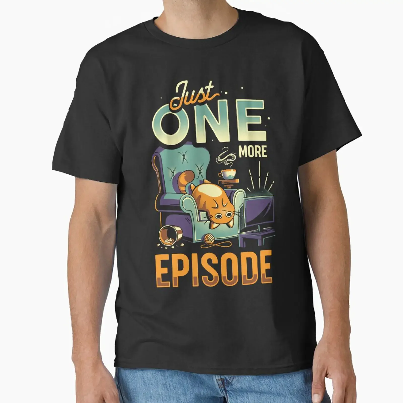 Chonky TV Addict Couch Potato Cat Classic T Shirt vintage Washed designer clothes Unisex homme Breathable Soft Slightly