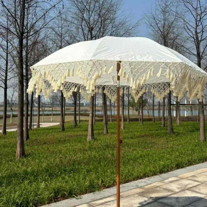 Outdoor fringed umbrella, bohemian wind beach umbrella, triangular fringed lace retro parasol