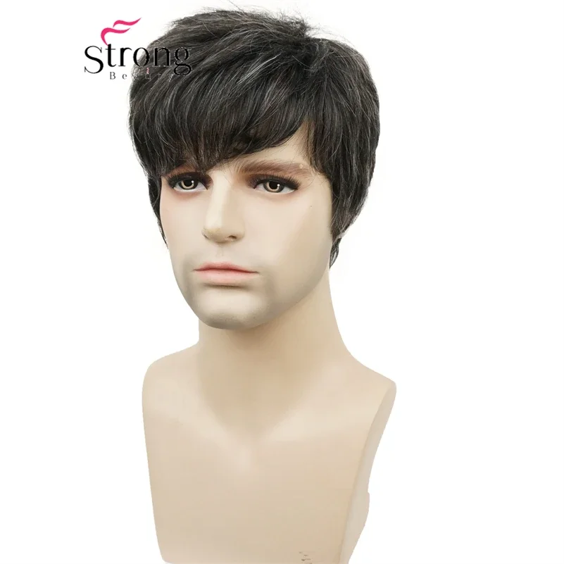 Strongbeauty Wig for Men short Black mix Grey Hair Wig Synthetic Daily Natural Cosplay Party Full Wigs