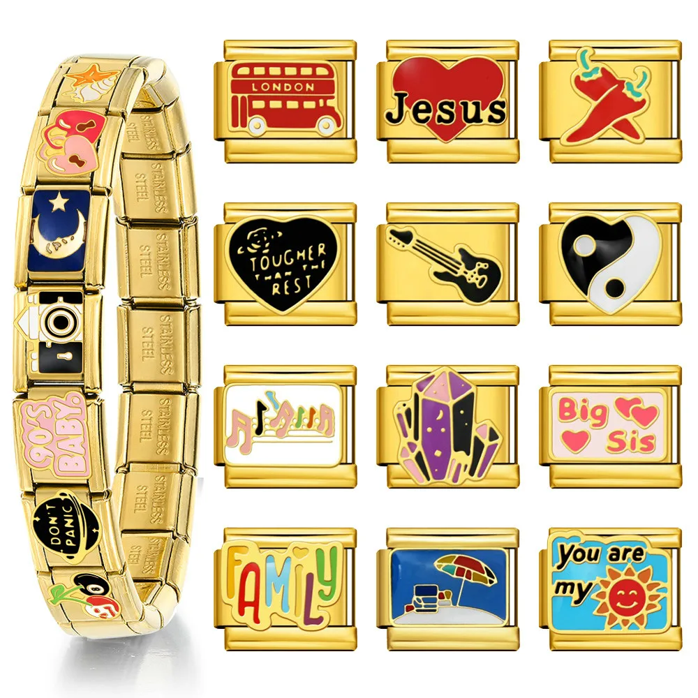 2026 neue Mode Charms Schmuck Machen Gold Farbe Sea Star Bus Violine Kirsche Italienischen Link Fit 9mm Edelstahl armband DIY – Detail 1