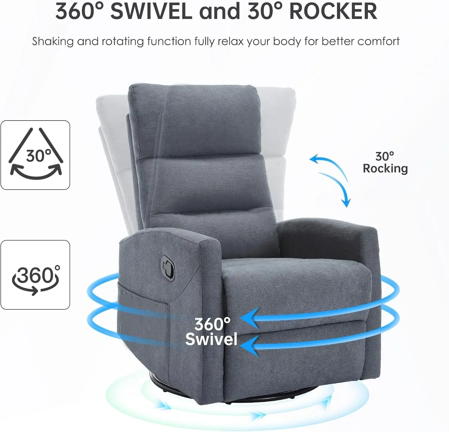 360° Swivel Rocker Recliner Chair for Small Spaces, Manual Reclining Chair for Adults, Rocking Glider Chair, Customized