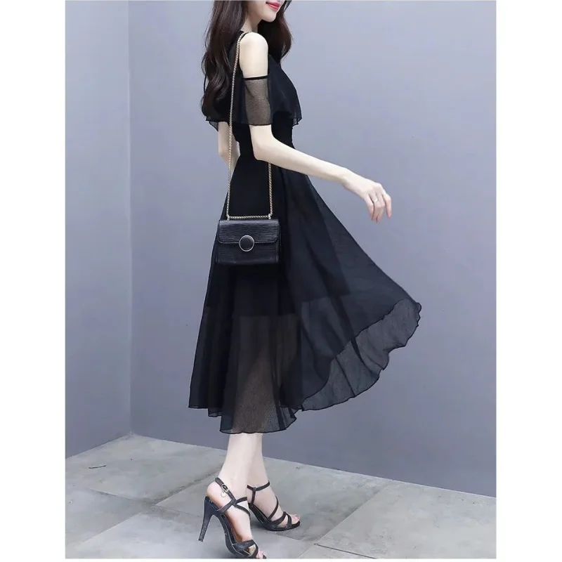 Summer Women's Chiffon Sexy Slim Black Midi Dress Lady Graceful Off-Shoulder Short Sleeve Dresses 2025 Fashion Clothing Female