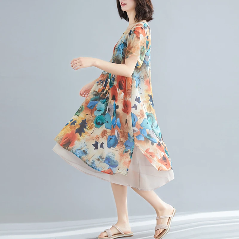 여름 신상 루즈핏 가벼운 실크 쉬폰 여성용 미디 A라인 스커트 플로럴 프린트 수채화 스타일 출퇴근용