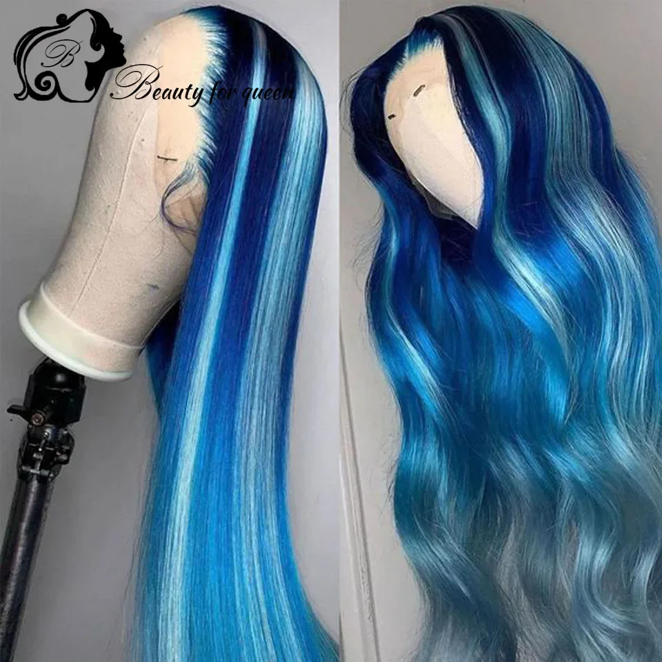 Wig Rambut Asli Biru Model Lace Front Untuk Wanita, Wig Lurus Densitas 180%, Wig Rambut Asli 100%, Sangat Nyaman Dipakai Saat Belanja