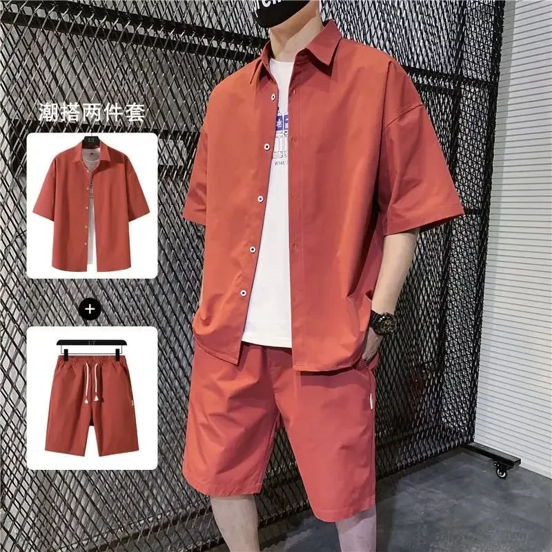 

Japanese and Korean Style Short-sleeved Shirt Five-point Shorts Two-piece Fashion Brand New Summer Fashion Young Men's Suit