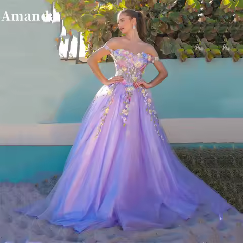 Amanda 2024 Spring Off Shoulder Ball Gown Vestido De Novia Flower Lace Evening Dress Baby Blue Corset Maxi Prom Dress 2024