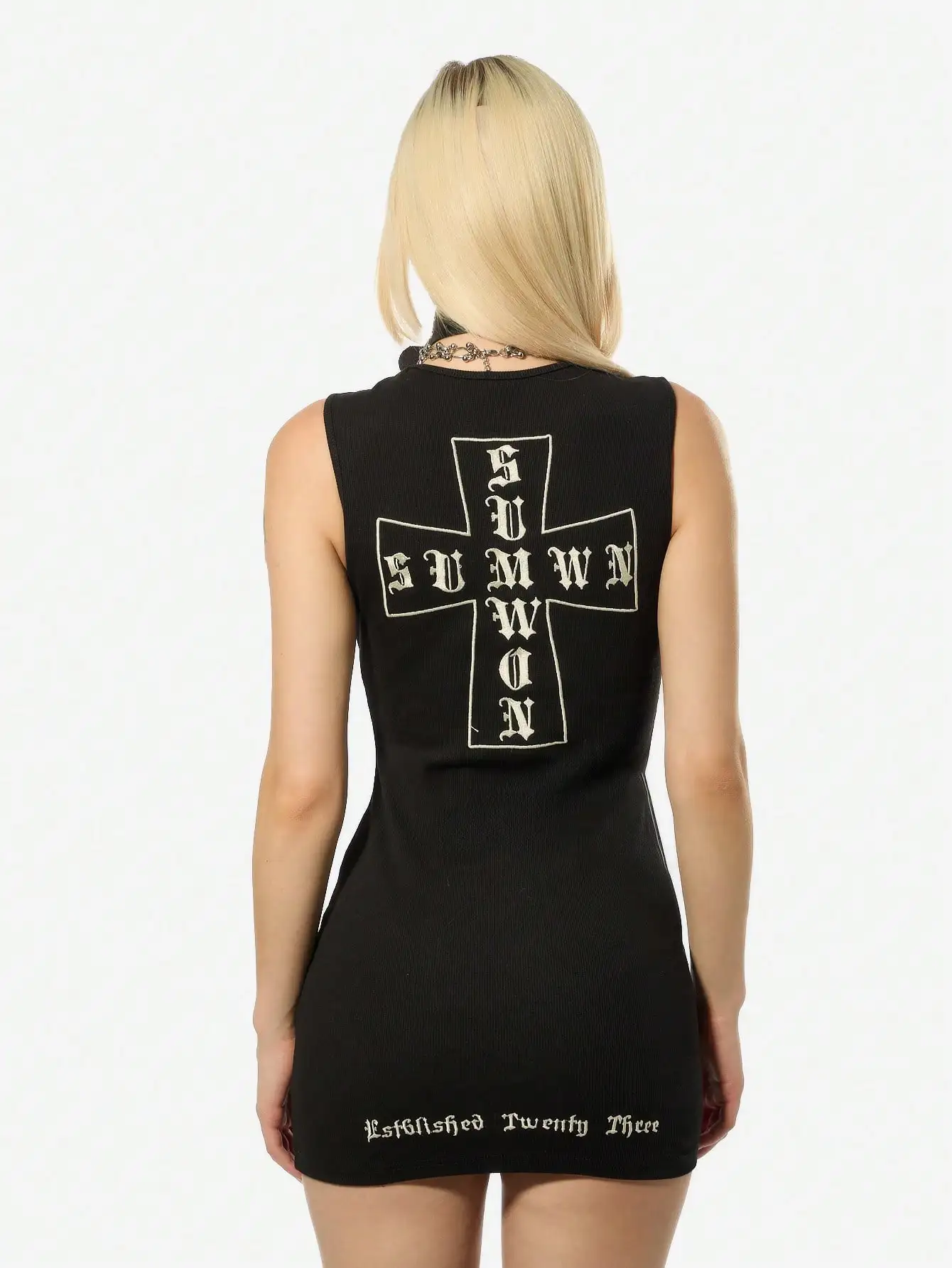 

Готическое мини-платье с крестом, в рубчик, без рукавов, облегающее, с высоким воротником, для фестивалей, альтернативного рока, клубных вечеринок