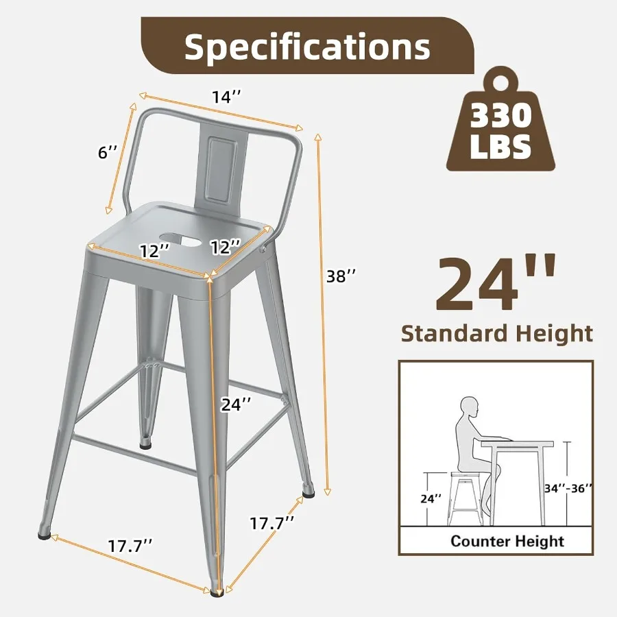 Conjunto de bancos de bar de metal de 24 polegadas com 4 cadeiras de bar modernas e industriais com encosto baixo para cozinha prata