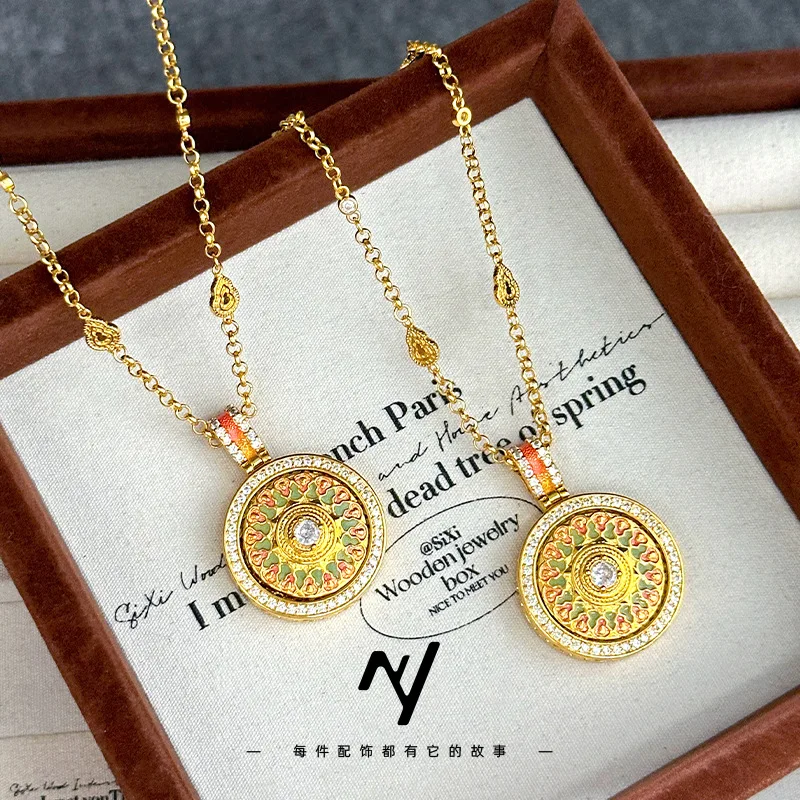 Luxury 24K 9999 Pure Gold real gold Women's Enamel Smart Rotating Pendant Diamond Gourd Compasses Necklace
