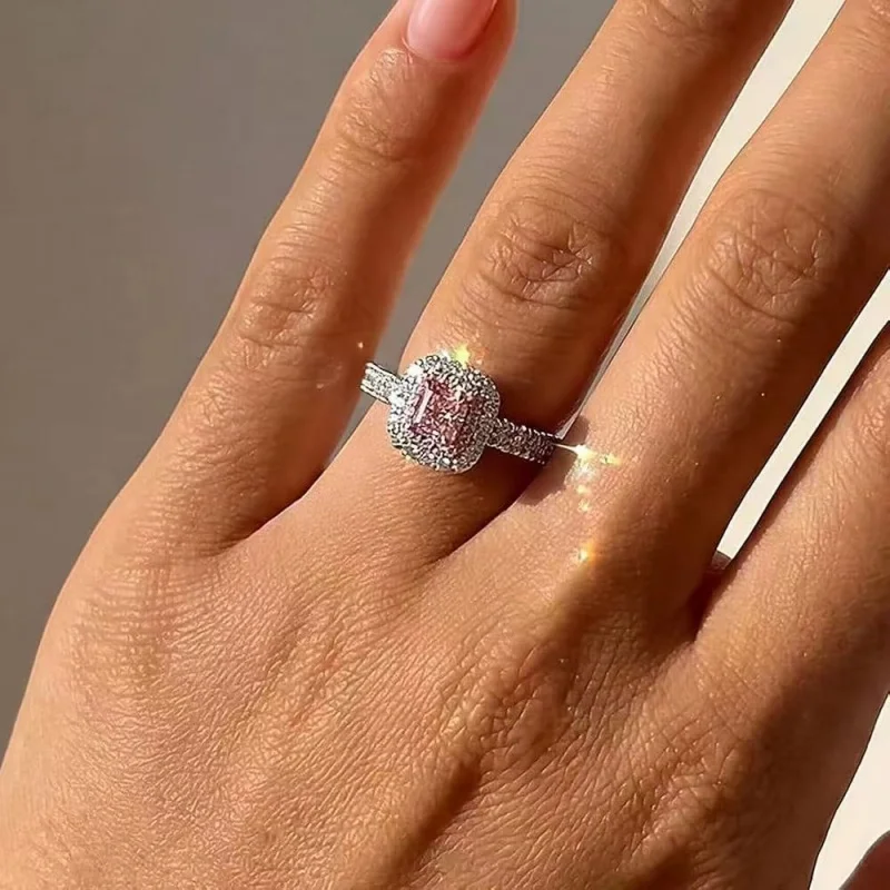 Huitan Thin Band Ring for Women Romantic Pink Cubic Zirconia Stackable Party Wedding Elegant Engagement Fashion Jewelry Gift