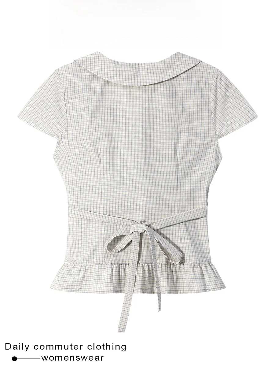 Coshehkg Intellectual Style Color Block Plaid Doll Collar Short Sleeve Shirt Women's Summer New Folded Waist Cinching Top