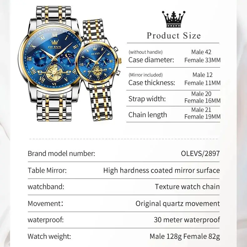 OLEVS coppia orologi per uomo donna acciaio inossidabile scava fuori orologio al quarzo impermeabile fasi lunari amanti della moda Set marchio di lusso